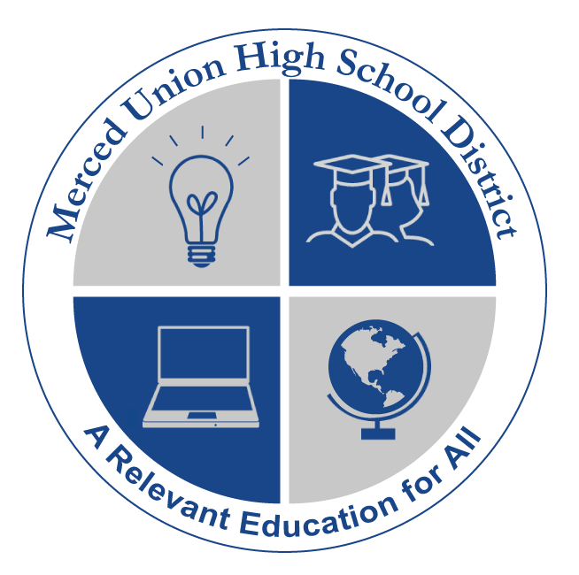 MUHSD logo: Circle with images of a lightbulb, 2 graduates, laptop, and globe in the center quadrants and "Merced Union High School District - A Relevant Education for All" text surrounding in the outer circular ring