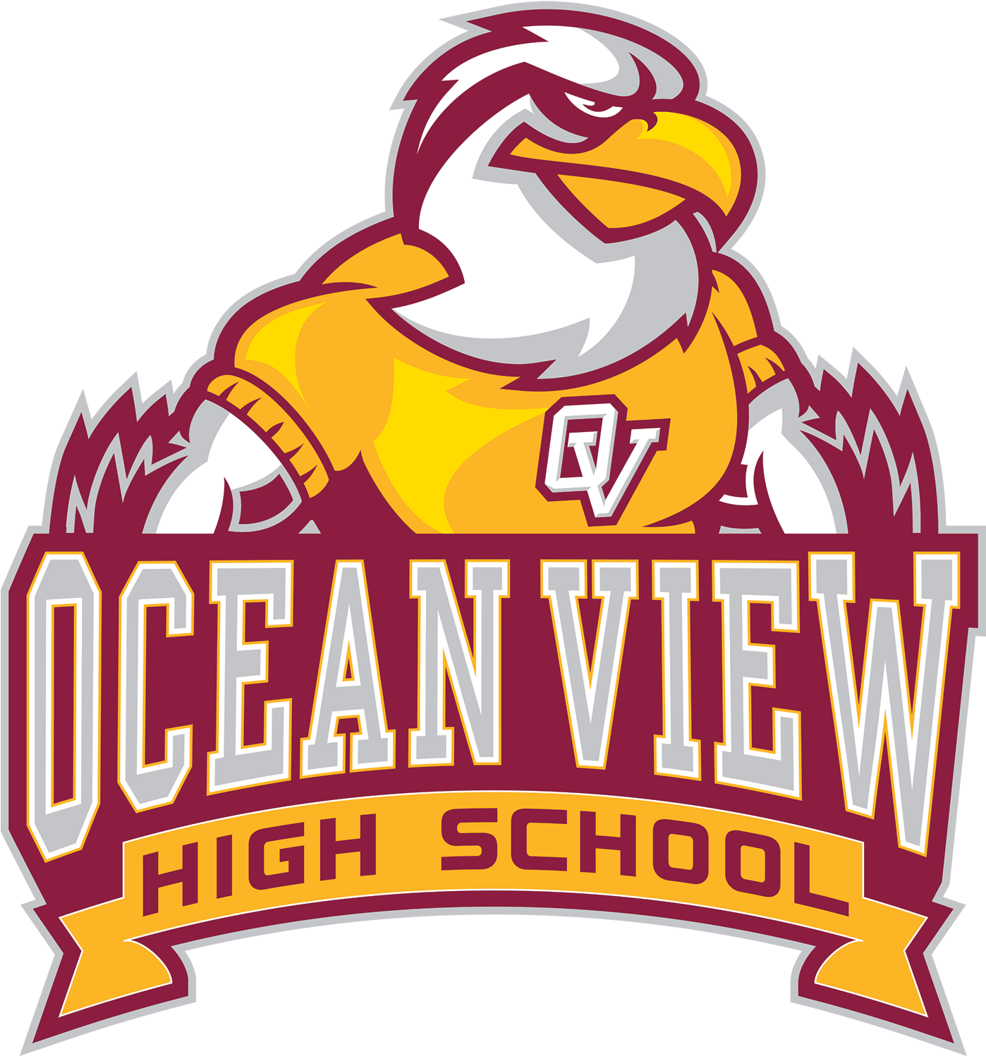 OVHS logo: Seahawk in OV shirt image with "Ocean View High School" text below