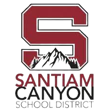 Santiam Canyon SD logo: Large letterman style "S" with mountain peaks at the base and "Santiam Canyon School District" text below